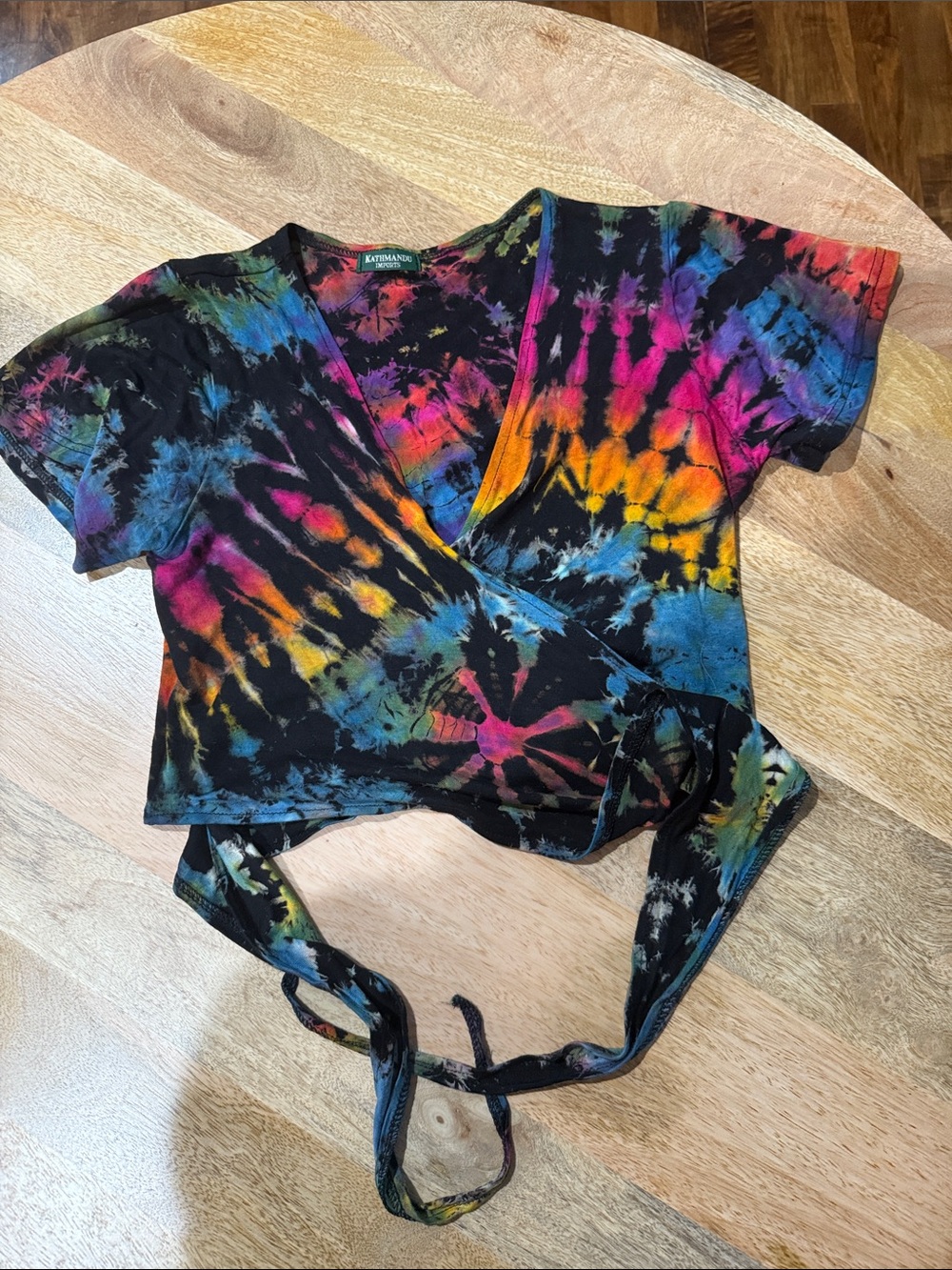 Kathmandu Black Tie-Dye Wrap Crop Top with Multicolor Burst